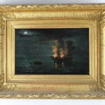 MARINE HUILE SUR PANNEAU tableau trois-mâts vaisseau navire bâteau en feu incendie XIXe siècle (11)